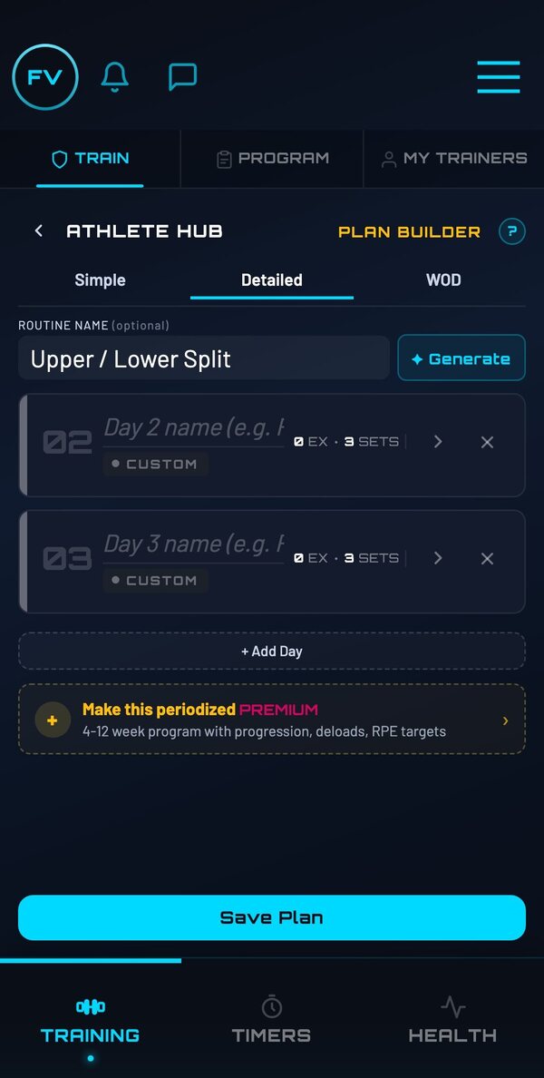 Plan Builder with a named routine, day structure and a make-periodized option