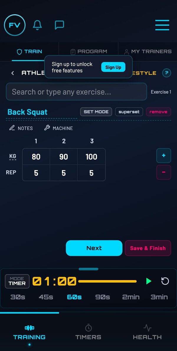 Freestyle session tracking Back Squat with weight and reps per set