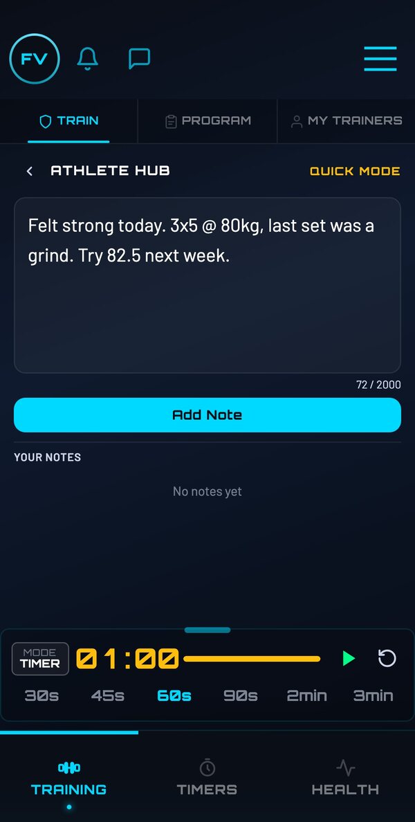 Quick Mode: log a workout fast with a note