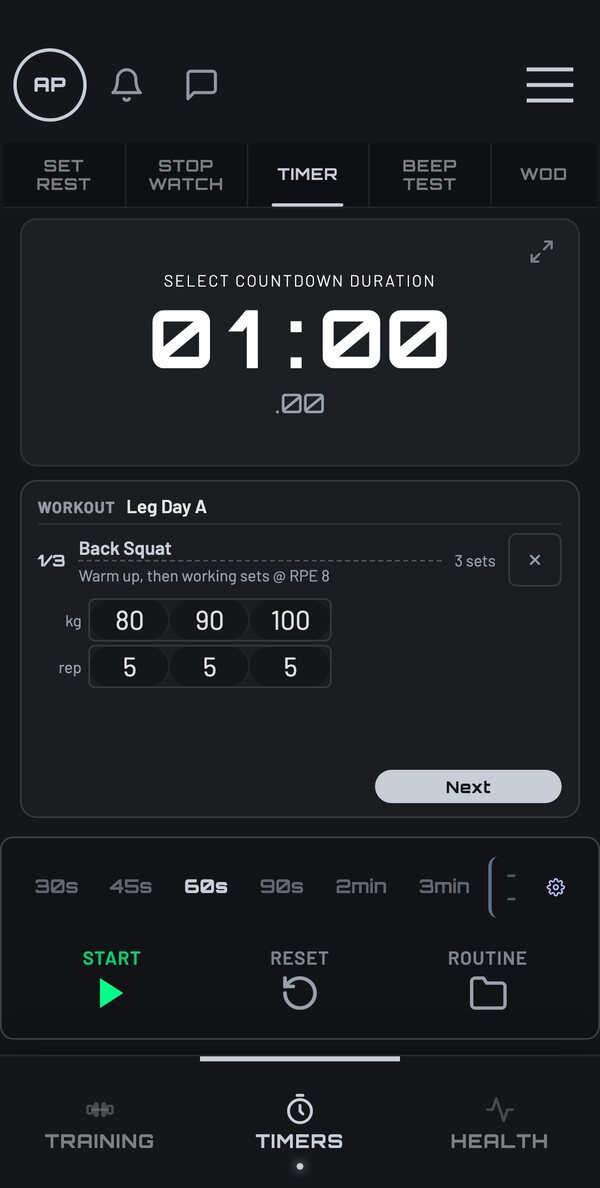 The workout screen in a trainer's Graphite theme with their studio logo