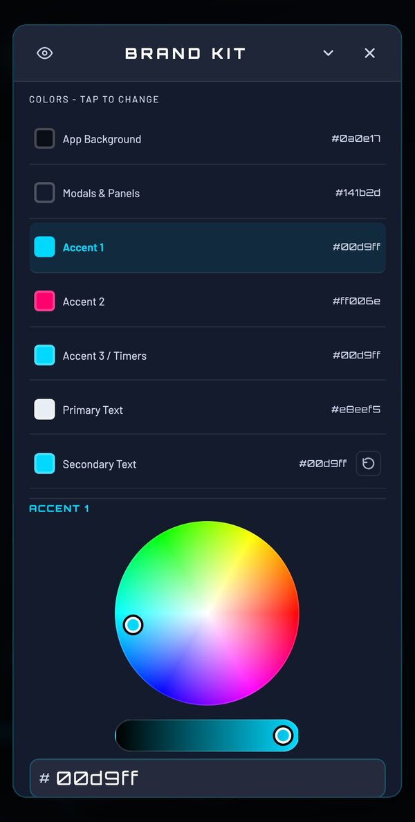 The Brand Kit editor: set your app background, panel and accent colours