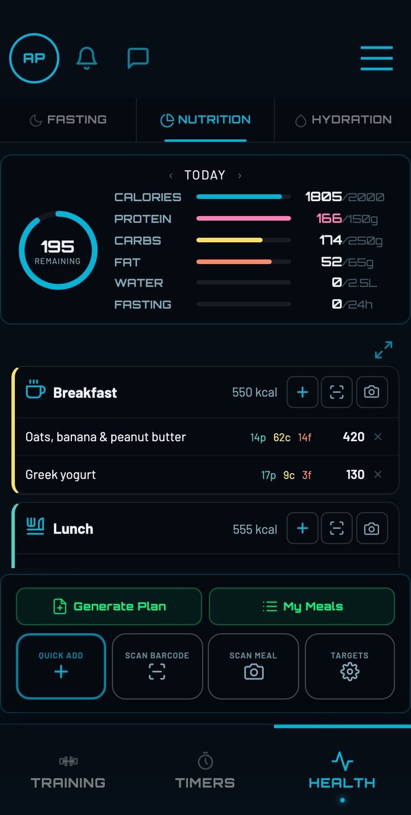 The nutrition screen in a trainer's Deep Ocean theme with their studio logo