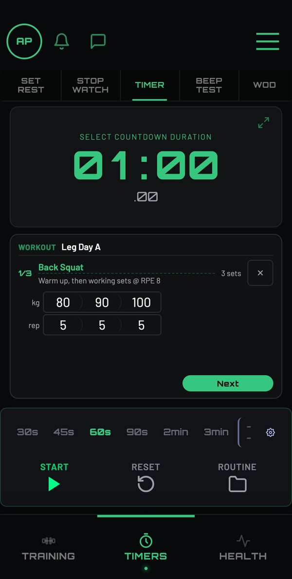 The workout screen in a trainer's Onyx theme with their studio logo