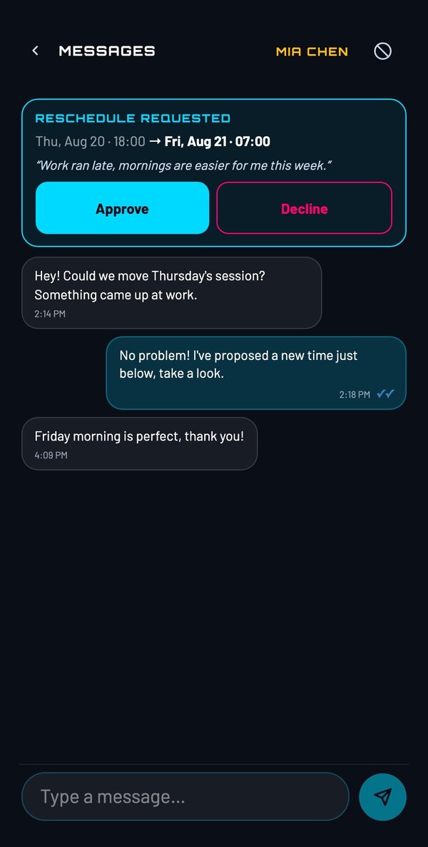 In-app trainer and client chat showing a booking reschedule card with approve and decline