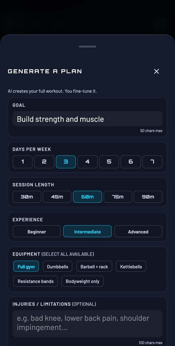Generate a plan sheet with goal, days per week, session length, experience and equipment options