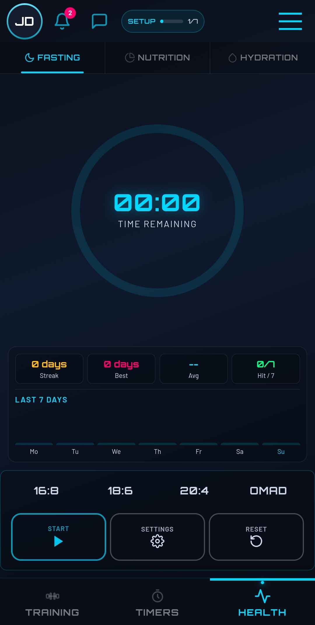 Fasting timer — 16:8 countdown and protocol picker