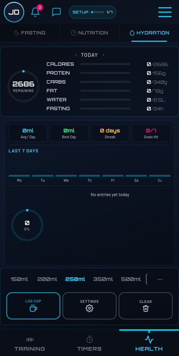 Hydration tracker, daily water goal and history