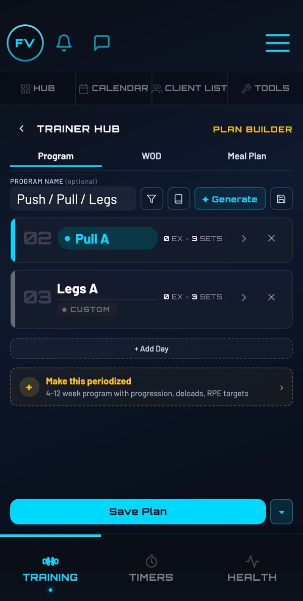 Plan builder with a Push Pull Legs program, named days, a Generate button and a make-periodized option