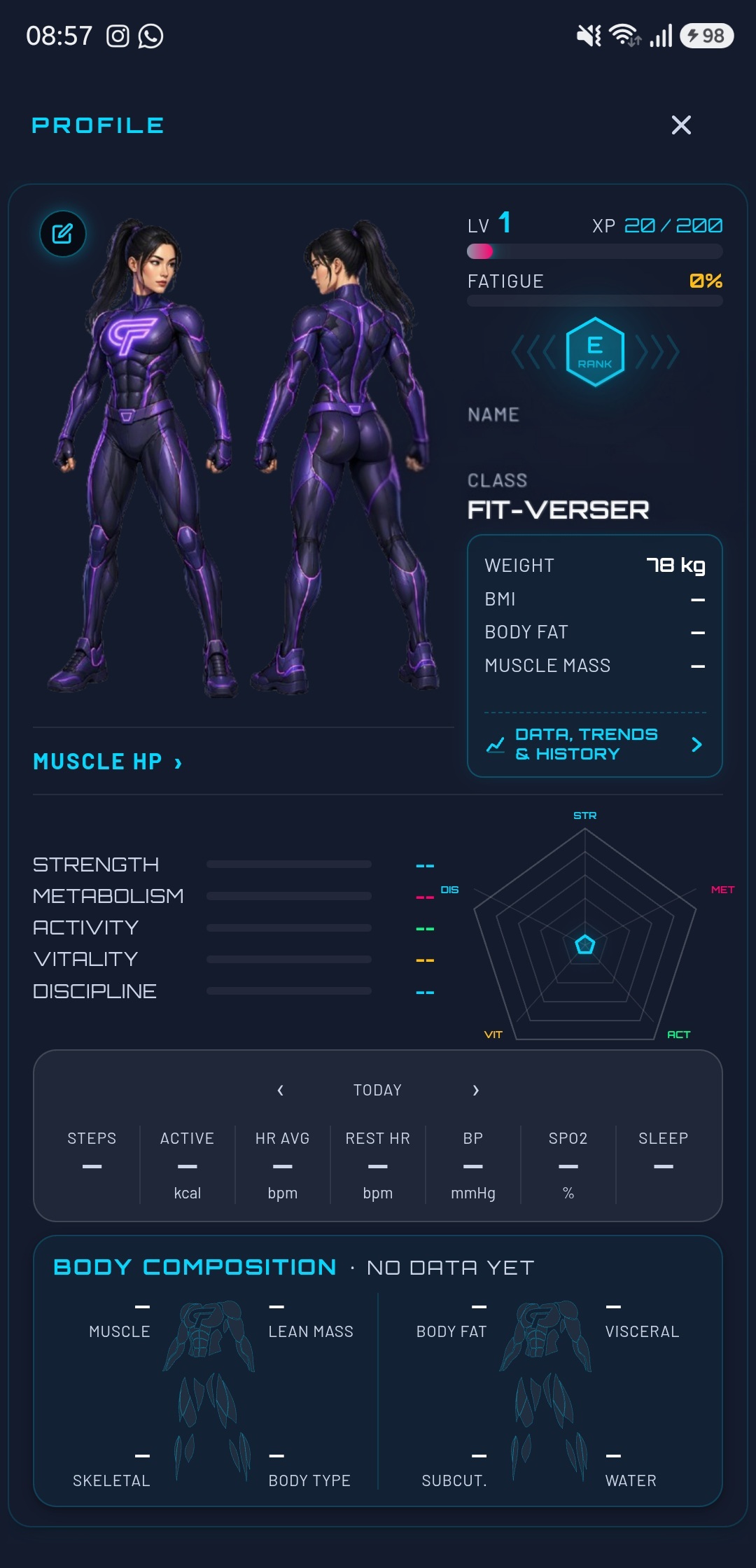 Fit-Verse profile — character art, radar chart and body composition