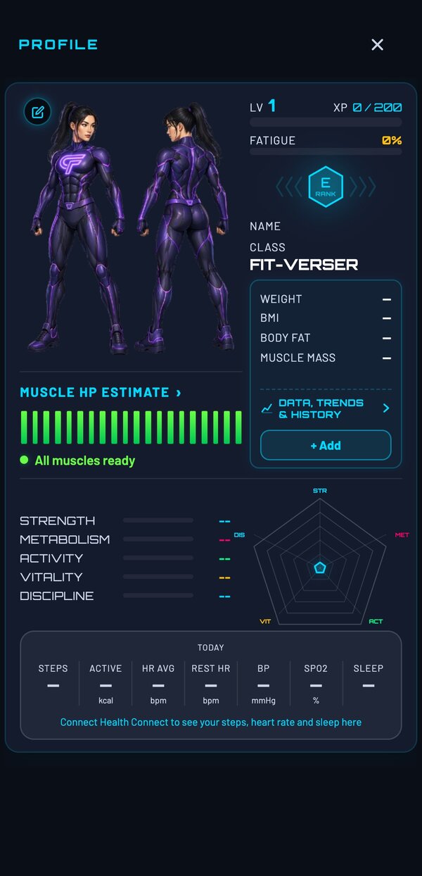 Fit-Verse profile, character art, Muscle HP estimate and radar chart