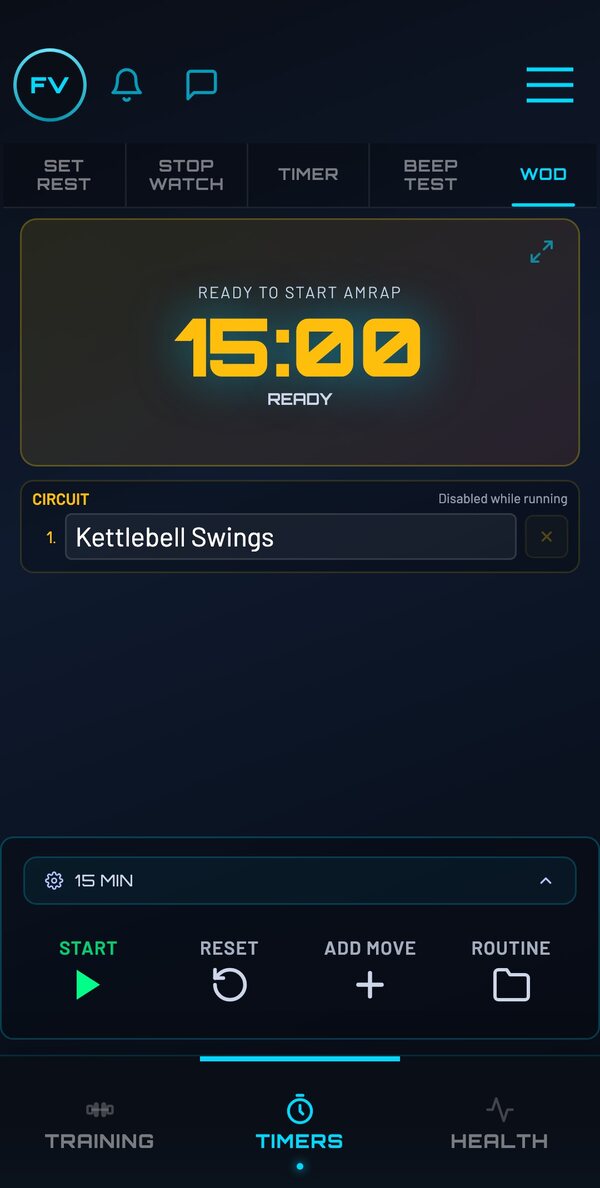 AMRAP timer set to 15 minutes with a Kettlebell Swings movement