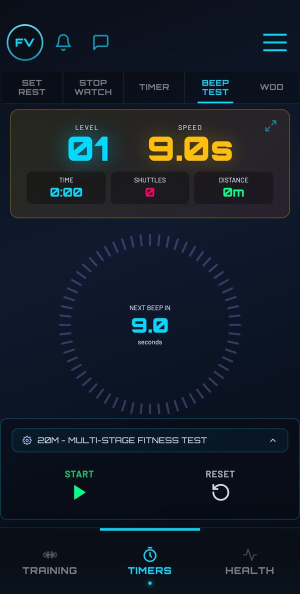 Beep Test, level 1 at 9.0 seconds per shuttle with a countdown ring