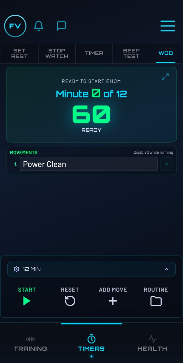 EMOM timer, minute 0 of 12 with a Power Clean movement