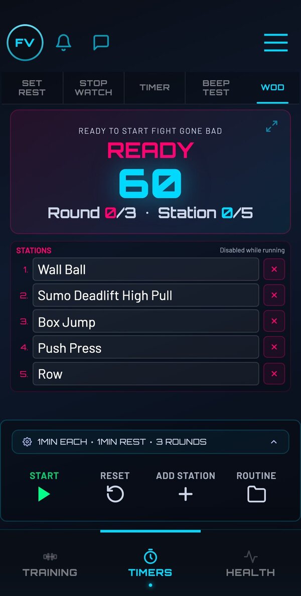 Fight Gone Bad timer with five stations: Wall Ball, Sumo Deadlift High Pull, Box Jump, Push Press, Row