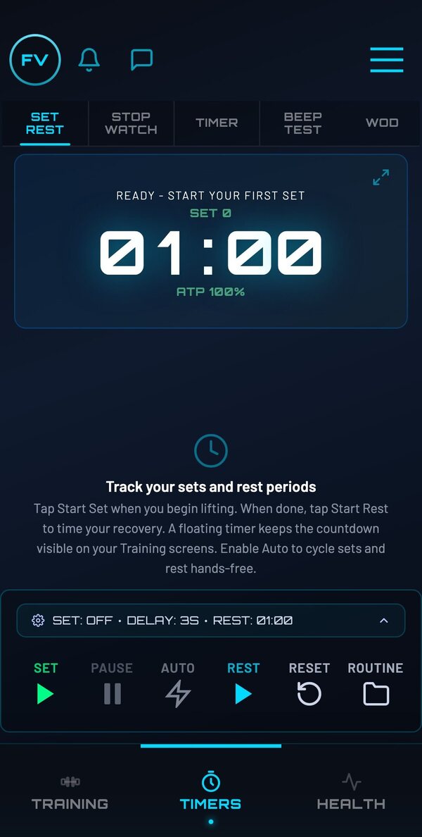 Set/Rest timer ready to start the first set with an ATP recovery bar