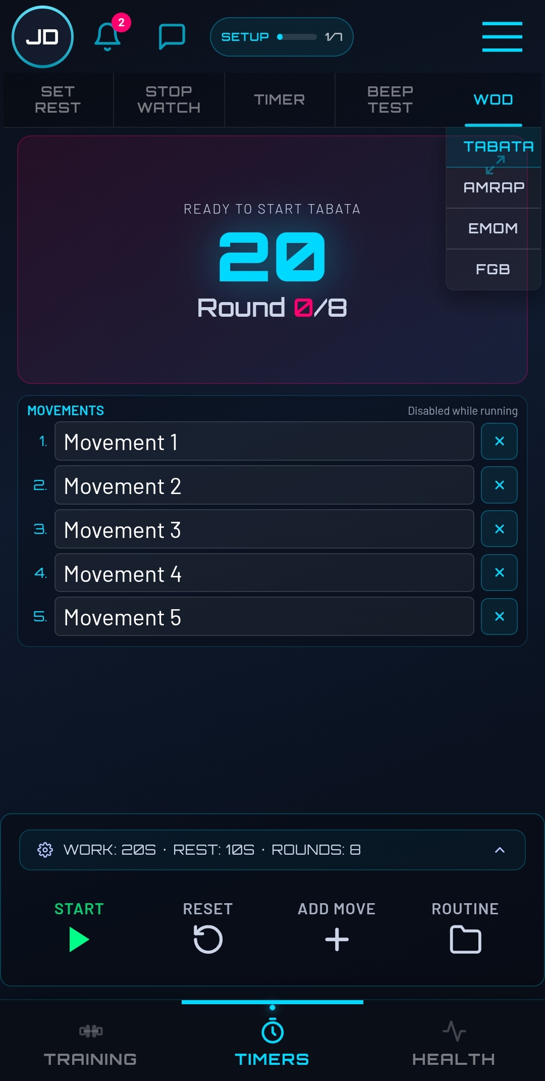 Tabata timer — 20s work, Round 0/8, with EMOM/AMRAP/WOD mode selector