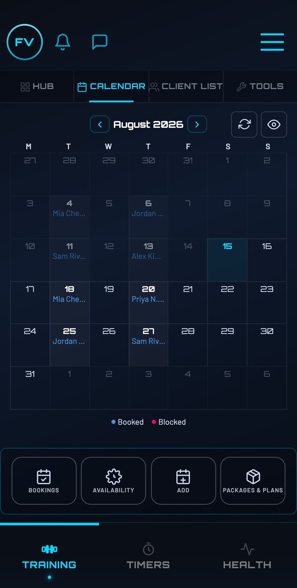 Trainer bookings calendar for the month with client sessions on several days