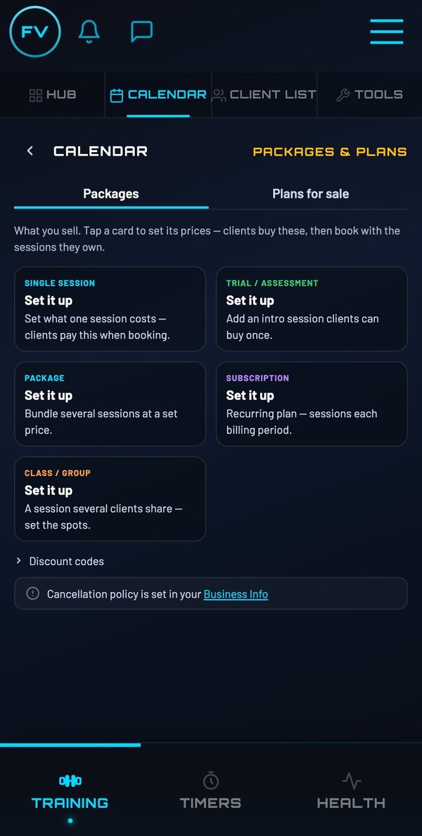 Packages and Plans screen: set up single session, package, subscription and class or group offerings with your own prices