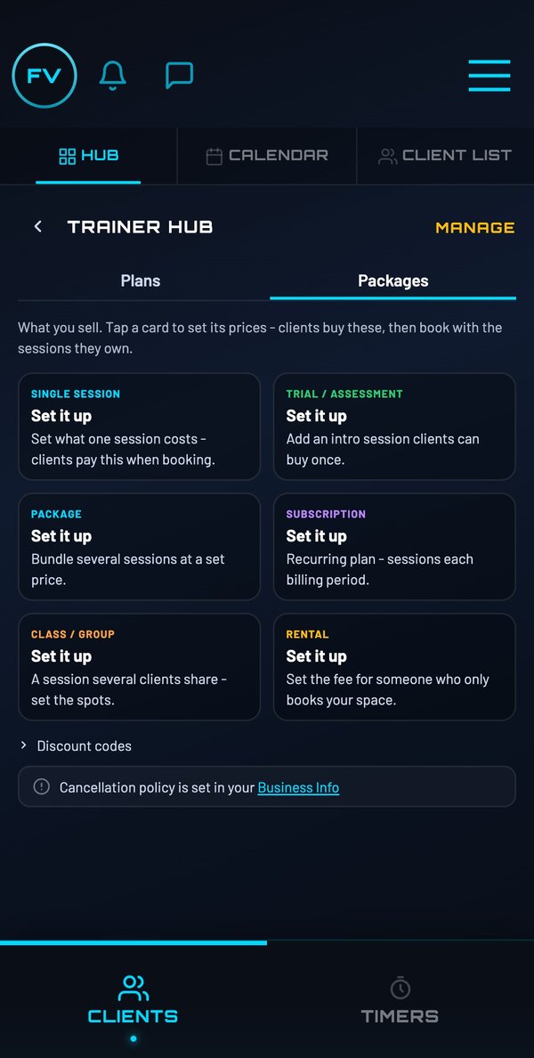 Packages tab in Manage: set up single session, trial, package, subscription, class or group and rental offerings with your own prices