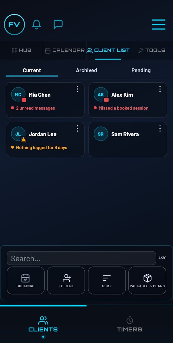 Trainer client list with churn-risk flags on each client card (unread messages, missed session, nothing logged)