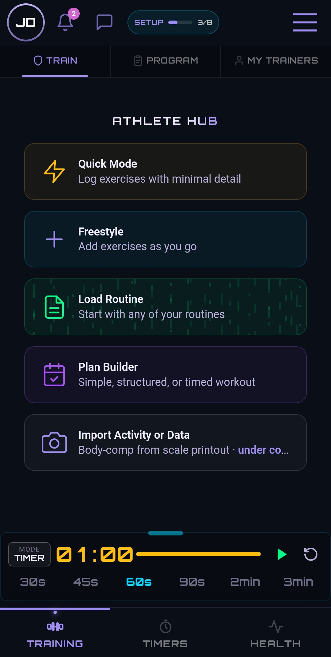 Training hub — Quick Mode, Freestyle, Load Routine and Plan Builder